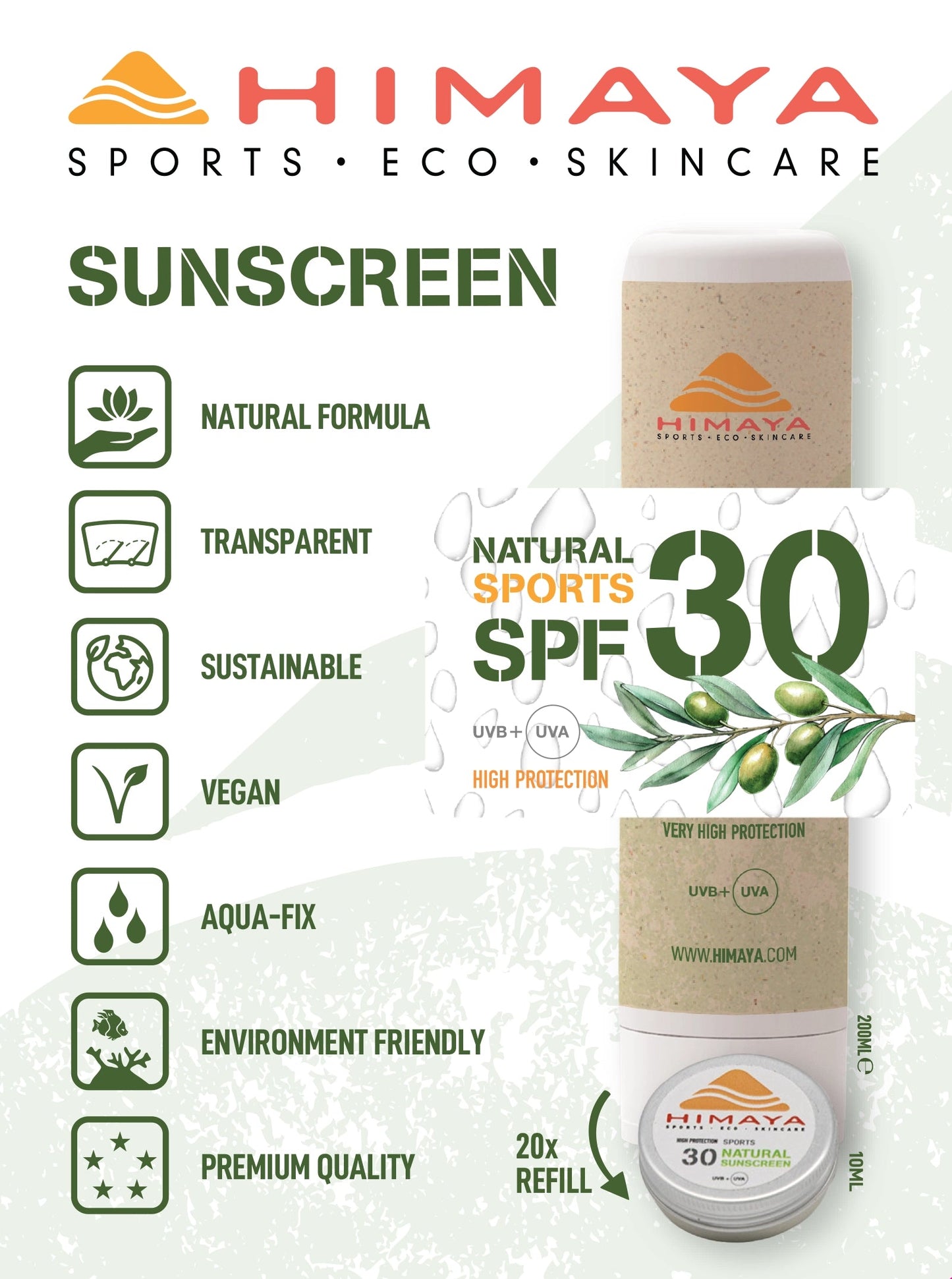 HIMAYA Natural Sunscreen  SPF 30 200ml – Mineral - Zinc - Reef Safe -Refillable Himaya