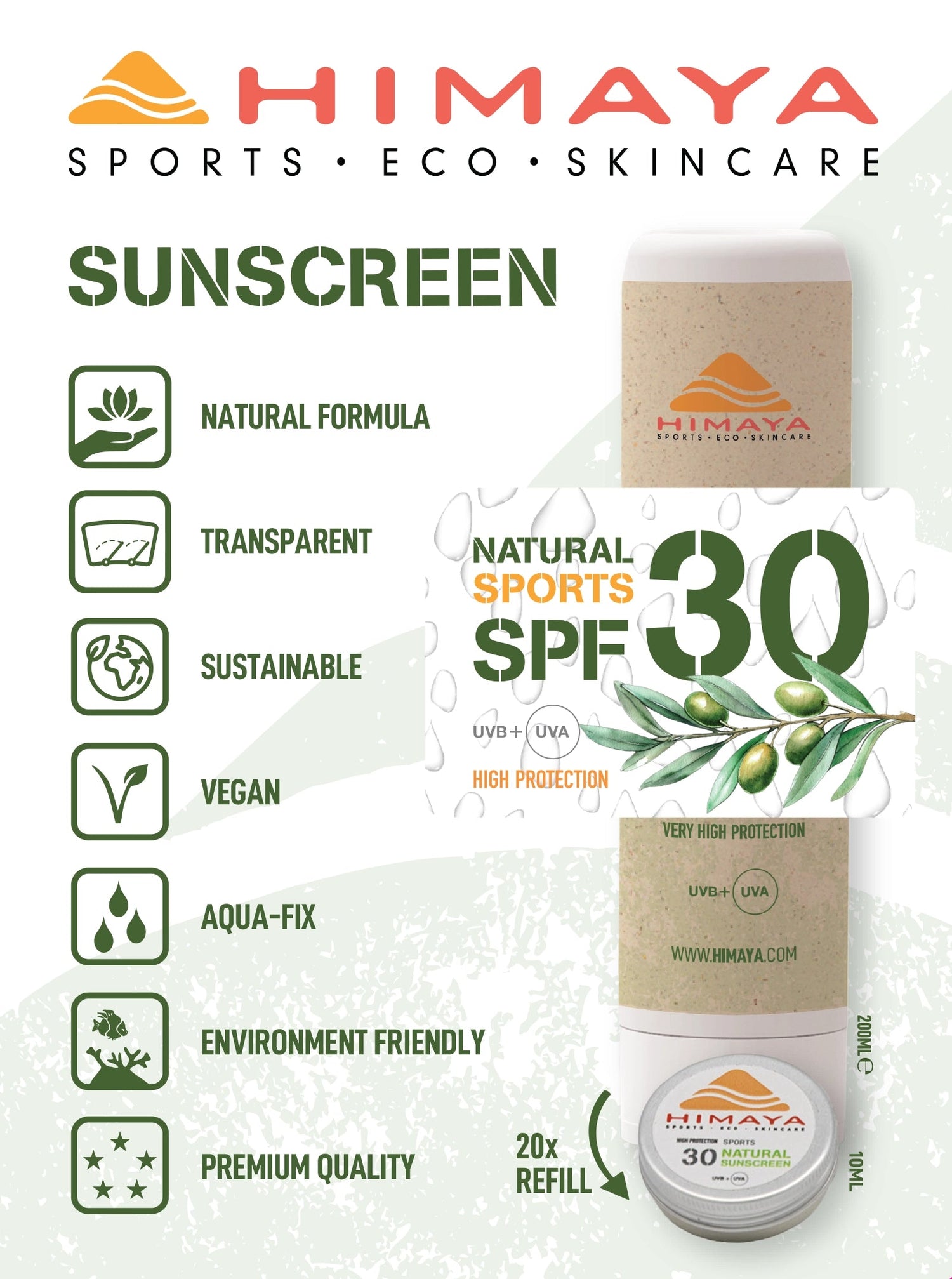 HIMAYA Natural Sunscreen  SPF 30 200ml – Mineral - Zinc - Reef Safe -Refillable Himaya