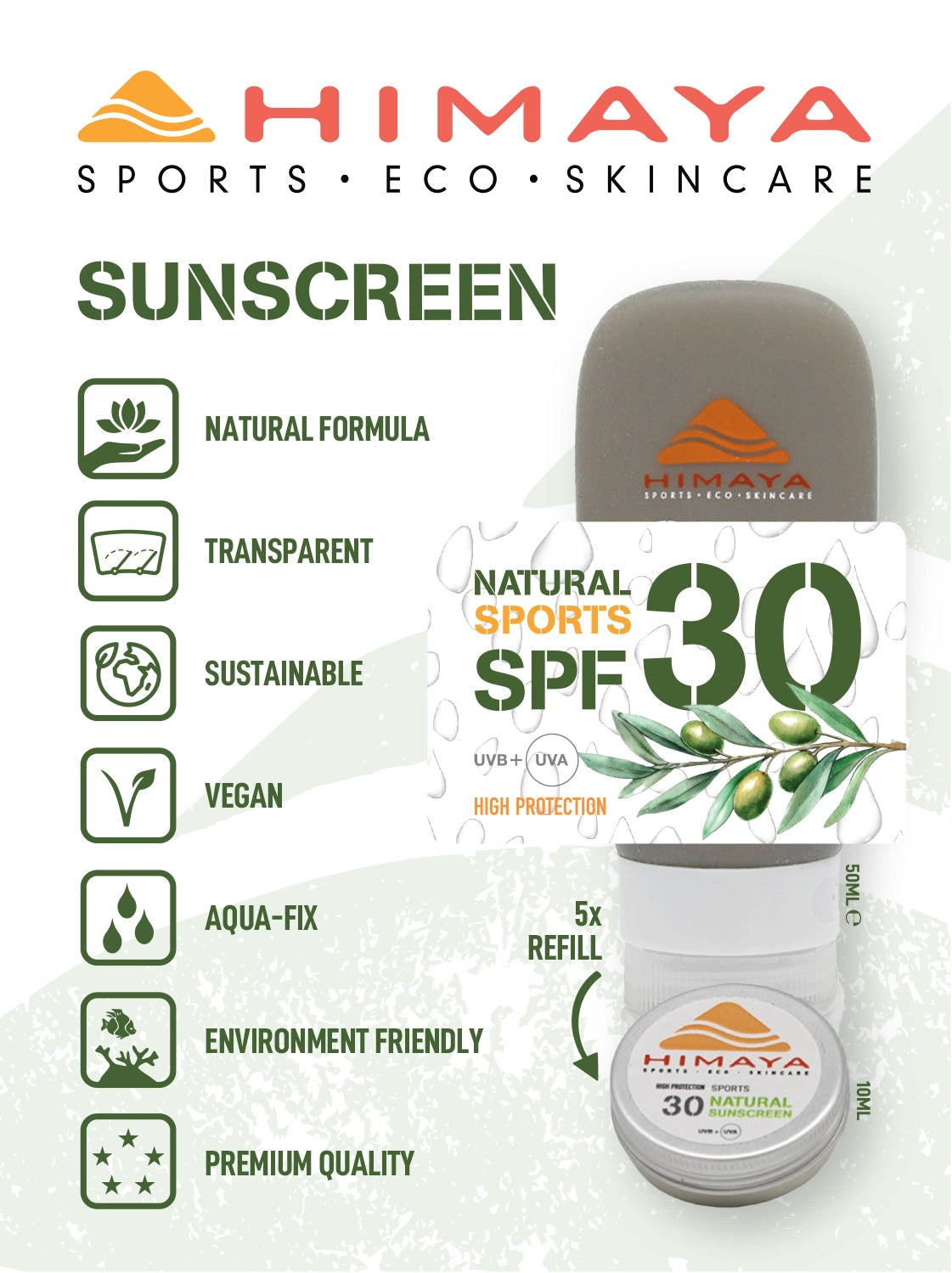 HIMAYA Natural Sunscreen  SPF 30 50ml – Mineral - Zinc - Reef Safe -Refillable Himaya